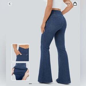 High Waisted Crossover Pocket Stretchy Knit Casual Super Flare Jeans